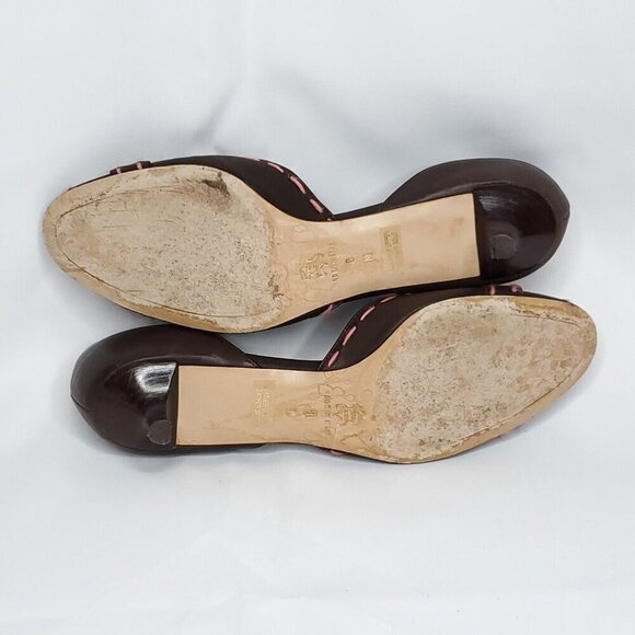 Isabella Fiore Leather Pumps 8 Brown Pink Embroidered Yarn Kitten Heel Open Side - Picture 8 of 9